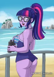 Size: 2480x3508 | Tagged: suggestive, artist:brother-tico, derpibooru import, sci-twi, twilight sparkle, equestria girls, equestria girls series, forgotten friendship, ass, beach, bedroom eyes, binoculars, breasts, busty sci-twi, busty twilight sparkle, butt, clothes, female, glasses, high res, image, jpeg, looking at you, looking back, looking back at you, looking over shoulder, ocean, pixiv, ponytail, sand, sci-twi swimsuit, sci-twibutt, sideboob, solo, solo female, swimsuit, twibutt