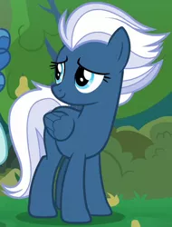 Size: 368x483 | Tagged: safe, derpibooru import, screencap, night glider, pegasus, pony, the big mac question, blue eyes, bush, cropped, female, food, happy, image, mare, pear, pear tree, png, smiling, tomboy, tree, white mane, white tail