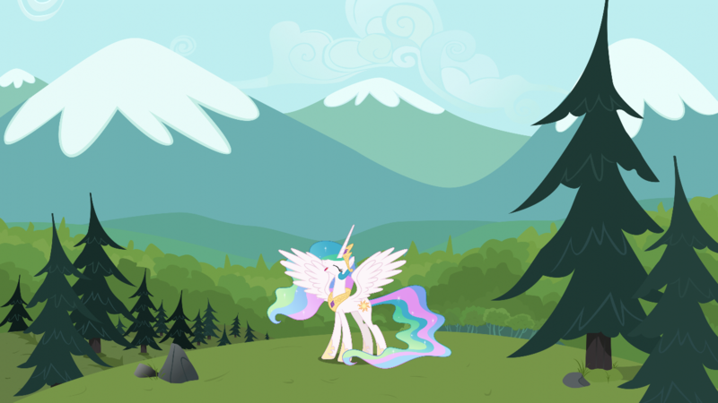 Size: 1280x720 | Tagged: safe, artist:boneswolbach, artist:chrzanek97, derpibooru import, edit, editor:jaredking203, vector edit, princess celestia, alicorn, pony, crown, day, female, image, jewelry, mare, mountain, mountain range, png, regalia, solo, tree, vector