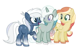 Size: 1024x654 | Tagged: safe, artist:ipandacakes, derpibooru import, oc, oc:chakra flow, oc:diamond dust (ipandacakes), oc:taffy strings, unofficial characters only, earth pony, pegasus, pony, unicorn, female, image, magical lesbian spawn, mare, offspring, parent:bon bon, parent:double diamond, parent:lyra heartstrings, parent:night glider, parent:tree hugger, parent:zephyr breeze, parents:lyrabon, parents:nightdiamond, parents:zephyrhugger, png, simple background, transparent background, two toned wings, wings