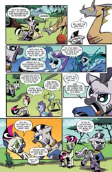 Size: 499x767 | Tagged: safe, artist:andypriceart, derpibooru import, idw, cactus rose, crystal (character), dust devil (comic), marini, medley brook, zecora, zebra, spoiler:comic, spoiler:comic90, ball, book, female, filly zecora, image, implied mage meadowbrook, implied meadowbrook, jpeg, nonbinary, preview, rhyming, season 10, upset, younger