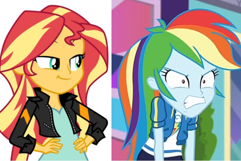 Size: 2289x1526 | Tagged: safe, derpibooru import, edit, screencap, rainbow dash, sunset shimmer, equestria girls, equestria girls series, holidays unwrapped, movie magic, spoiler:eqg series (season 2), spoiler:eqg specials, angry, dashing through the mall, furious, image, jpeg, rage, ragebow dash, smiling, smirk, smug, smugset shimmer