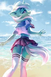 Size: 3543x5315 | Tagged: suggestive, alternate version, artist:holivi, derpibooru import, lyra heartstrings, anthro, unicorn, beach, beautiful, clothes, cloud, female, image, jpeg, kneesocks, legs, looking at you, looking back, looking back at you, midriff, open mouth, panties, pleated skirt, sailor uniform, scenery, school uniform, short shirt, skirt, skirt lift, sky, socks, solo, solo female, stockings, thigh highs, underwear, uniform, upskirt, water, white underwear, zettai ryouiki