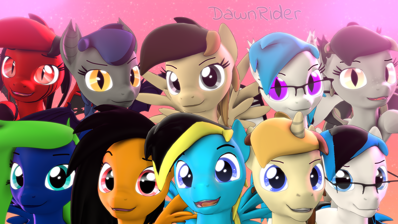 Size: 3840x2160 | Tagged: safe, artist:dawnyr, artist:dawnyrs, derpibooru import, oc, oc:coffe, oc:cream brun, oc:dawnrider, oc:echo, oc:eventide blossom, oc:ls, oc:mina, oc:roy, oc:runic, oc:thundy, bat pony, earth pony, pegasus, pony, unicorn, 3d, friendship, group, image, png, source filmmaker