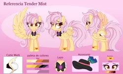 Size: 3920x2365 | Tagged: safe, artist:2pandita, derpibooru import, oc, oc:tender mist, pegasus, pony, accessories, bowtie, female, hat, image, mare, not fluttershy, png, reference sheet, simple background, solo