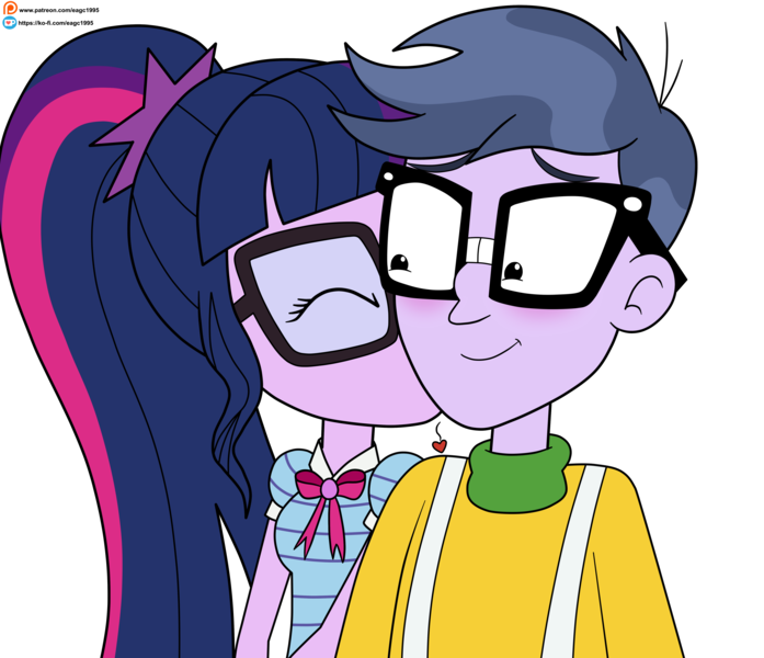 Size: 5377x4632 | Tagged: safe, artist:eagc7, derpibooru import, microchips, sci-twi, twilight sparkle, equestria girls, blushing, duo, female, image, kiss on the cheek, kissing, male, microlight, png, shipping, simple background, straight, transparent background