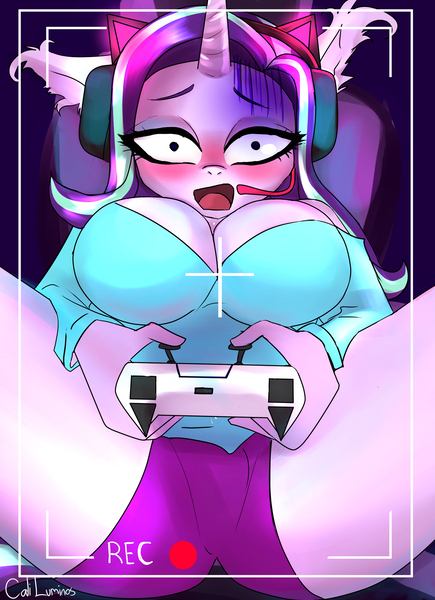 Size: 2000x2760 | Tagged: suggestive, artist:cali luminos, derpibooru import, starlight glimmer, anthro, unicorn, big, breasts, busty starlight glimmer, camera shot, cleavage, clothes, fanart, female, gamer, headset, image, jpeg, shorts