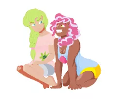 Size: 934x762 | Tagged: safe, artist:squeezemelittle, derpibooru import, oc, oc:anthea, oc:cotton candy, unofficial characters only, human, kilalaverse, adopted offspring, barefoot, breasts, cleavage, dark skin, duo, feet, female, humanized, humanized oc, image, next generation, offspring, parent:fluttershy, parent:pinkie pie, parent:pokey pierce, parents:pokeypie, png, simple background, smiling, white background