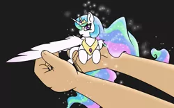 Size: 1280x800 | Tagged: safe, artist:gryphon bbq, derpibooru import, princess celestia, alicorn, human, pony, behaving like a bird, birb, black background, cute, cutelestia, female, holding a pony, image, in goliath's palm, jpeg, looking at you, mare, micro, offscreen character, one wing out, open mouth, ponified animal photo, simple background, solo focus, sparkles, spread wings, tiny, tiny ponies, wing fluff, wings