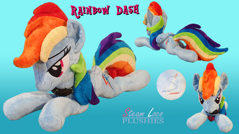 Size: 1920x1080 | Tagged: safe, artist:steam-loco, derpibooru import, rainbow dash, pegasus, pony, bedroom eyes, collar, cutie mark, embroidery, female, folded wings, heart, image, jpeg, photo, plushie, solo, wings