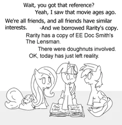 Size: 534x548 | Tagged: safe, artist:mr. zero, derpibooru import, fluttershy, rainbow dash, twilight sparkle, alicorn, book, happy birthday mlp:fim, image, mlp fim's tenth anniversary, monochrome, png, twilight sparkle (alicorn)