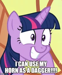 Size: 500x603 | Tagged: safe, derpibooru import, edit, edited screencap, editor:twi clown, screencap, twilight sparkle, twilight sparkle (alicorn), alicorn, pony, school daze, captain obvious, caption, cheek squish, cropped, excited, faic, female, grin, happy, image, image macro, imgflip, imminent death, imminent murder, implied horn impalement, jpeg, mare, smiling, solo, squee, squishy cheeks, text, this will end in murder, wide eyes