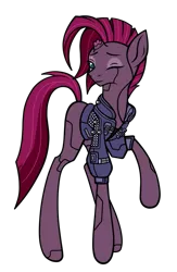 Size: 663x1018 | Tagged: safe, artist:j053ph-d4n13l, derpibooru import, fizzlepop berrytwist, tempest shadow, oc, oc:techno shadow, pony, robot, robot pony, unicorn, alternate hairstyle, alternate universe, broken horn, clothes, commission, eye scar, female, horn, image, jacket, mare, one eye closed, png, raised hoof, roboticization, scar, simple background, solo, transparent background, wink