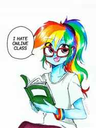 Size: 2258x3010 | Tagged: safe, artist:liaaqila, derpibooru import, rainbow dash, equestria girls, book, cute, dashabetes, egghead dash, exploitable meme, eye clipping through hair, female, glasses, image, jpeg, looking at you, meme, online class, online school, open mouth, reading, reading rainbow, simple background, sitting, smiling, smiling at you, solo, traditional art, white background