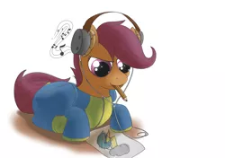 Size: 5016x3541 | Tagged: safe, alternate version, artist:db, derpibooru import, scootaloo, pegasus, pony, clothes, drawing, footed sleeper, footie pajamas, headphones, image, lying down, mouth hold, music, onesie, pajamas, pencil, png, prone, solo