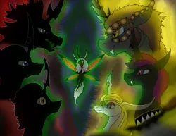 Size: 3300x2550 | Tagged: safe, artist:arkolo, derpibooru import, oc, oc:king armor, oc:king hubris, oc:king nihilis, oc:king specter, oc:king utilitarian, oc:queen monarch, oc:queen more, changeling, fanfic:chrysalis wins, fanfic art, image, jpeg, memory, purple changeling