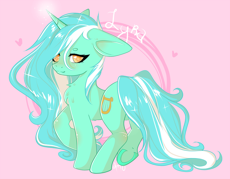 Size: 4500x3500 | Tagged: safe, artist:amywhandicy, derpibooru import, lyra heartstrings, pony, unicorn, female, floppy ears, glowing horn, heart, horn, image, long mane, looking at you, mare, pink background, png, signature, simple background, smiling, solo