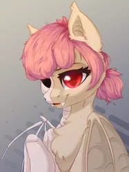 Size: 2048x2732 | Tagged: safe, artist:alphadesu, derpibooru import, oc, oc:hopple scotch, unofficial characters only, bat pony, pony, vampire, vampire bat pony, adoracreepy, bat ponified, bat wings, bone, bust, chest fluff, commission, creepy, cute, dissectibles, ear fluff, empty eye socket, fangs, female, freeny's hidden dissectibles, image, looking at you, mare, pigtails, png, race swap, raised hoof, red eyes, simple background, skeleton, smiling, toy interpretation, wings, ych result