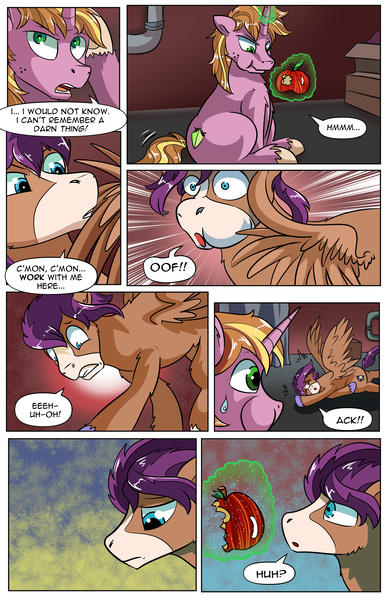 Size: 2036x3148 | Tagged: safe, artist:candyclumsy, author:bigonionbean, derpibooru import, oc, oc:fast hooves, oc:home defence, clydesdale, earth pony, pegasus, pony, unicorn, comic:the birth of speedy hooves, apple, butt, comic, commissioner:bigonionbean, confused, cutie mark, dialogue, extra thicc, falling, flank, flashback, food, fusion, fusion:fast hooves, fusion:home defence, head shake, image, magic, male, nibbling, plot, png, shocked, stallion, surprised, thoughts, tripping, wing slap