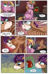 Size: 2036x3148 | Tagged: safe, artist:candyclumsy, author:bigonionbean, derpibooru import, oc, oc:fast hooves, oc:home defence, clydesdale, earth pony, pegasus, pony, unicorn, comic:the birth of speedy hooves, apple, butt, comic, commissioner:bigonionbean, confused, cutie mark, dialogue, extra thicc, falling, flank, flashback, food, fusion, fusion:fast hooves, fusion:home defence, head shake, image, magic, male, nibbling, plot, png, shocked, stallion, surprised, thoughts, tripping, wing slap