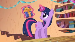 Size: 1280x720 | Tagged: safe, derpibooru import, screencap, twilight sparkle, pony, unicorn, secret of my excess, adorkable, book, bookhorse, cute, dork, female, floppy ears, golden oaks library, image, levitation, library, magic, mare, png, present, raised hoof, smiling, solo, stairs, telekinesis, twiabetes, unicorn twilight