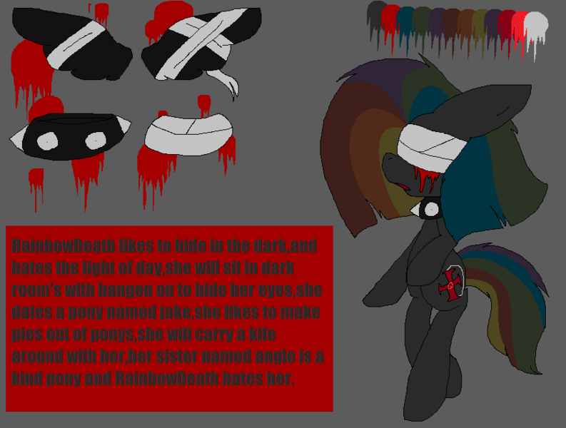 Size: 870x658 | Tagged: grimdark, artist:dramaostrich, derpibooru import, oc, oc:rainbow death, pegasus, pony, bandage, bandaged wing, bipedal, black wings, blindfold, blood, choker, color palette, grammar error, image, multicolored hair, png, rainbow hair, reference sheet, spiked choker, text, wings