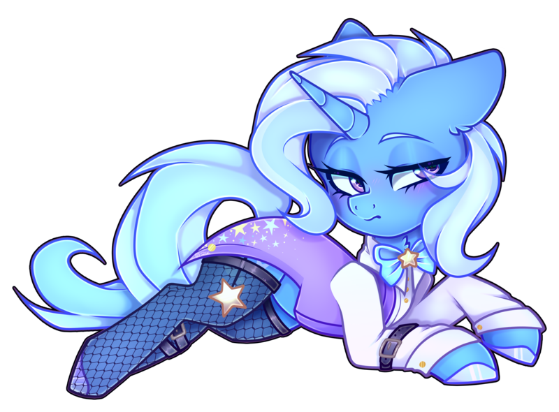 Size: 2282x1683 | Tagged: safe, artist:_spacemonkeyz_, derpibooru import, trixie, pony, unicorn, blushing, bowtie, colored hooves, cute, diatrixes, ear fluff, fishnets, image, lying down, png, prone, simple background, solo, tailcoat, transparent background, wand