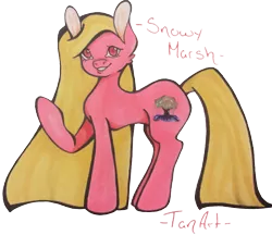 Size: 1897x1636 | Tagged: safe, artist:tan art, derpibooru import, oc, oc:snowy marsh, earth pony, pony, female, image, long mane, looking at you, mare, name, png, raised hoof, side view, simple background, solo, traditional art, transparent background