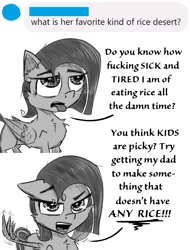 Size: 775x1020 | Tagged: safe, artist:chopsticks, derpibooru import, oc, oc:cookie cutter, unofficial characters only, pony, ask, ask cookie cutter, female, filly, floppy ears, image, looking at you, monochrome, png, tongue out, unamused, vulgar, wing hands, wings