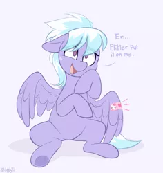 Size: 912x968 | Tagged: safe, artist:higgly-chan, derpibooru import, cloudchaser, cat, pegasus, pony, bandaid, blatant lies, blue background, blushing, cute, cutechaser, female, heart, hello kitty, image, implied flitter, mare, open mouth, png, raised hoof, simple background, sitting, solo, sweat, sweatdrop, underhoof