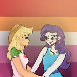 Size: 1080x1080 | Tagged: safe, alternate version, artist:_denart, derpibooru import, applejack, rarity, equestria girls, blushing, clothes, ear piercing, earring, female, hat, holding hands, image, jewelry, jpeg, lesbian, lipstick, necklace, piercing, pride flag, rarijack, shipping, signature, smiling