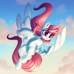 Size: 6000x6000 | Tagged: safe, artist:faline-art, derpibooru import, princess celestia, alicorn, pony, cloud, eye clipping through hair, female, flying, image, pink-mane celestia, png, sky, smiling, solo, spread wings, wings, younger