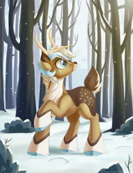 Size: 2000x2600 | Tagged: safe, artist:pyropk, derpibooru import, oc, deer, deer pony, original species, chest fluff, deer oc, forest, horns, image, jpeg, snow, snowfall, solo, tree