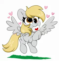 Size: 3000x3100 | Tagged: safe, artist:kittyrosie, derpibooru import, derpy hooves, pegasus, pony, blushing, cute, derpabetes, female, flying, heart, image, jpeg, letter, mare, mouth hold, simple background, solo, white background
