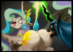 Size: 1280x910 | Tagged: suggestive, artist:cephl, derpibooru import, edit, editor:i-shooped-a-pwny, princess celestia, queen chrysalis, alicorn, changeling, changeling queen, pony, angry, biting, butt, butt bite, crown, cutie mark, digital art, dock, duo, faic, female, glowing horn, holes, horn, image, jewelry, looking back, magic, mare, open mouth, pain, plot, png, regalia, screaming, sharp teeth, spread wings, sunbutt, tail, tail pull, teeth, wings