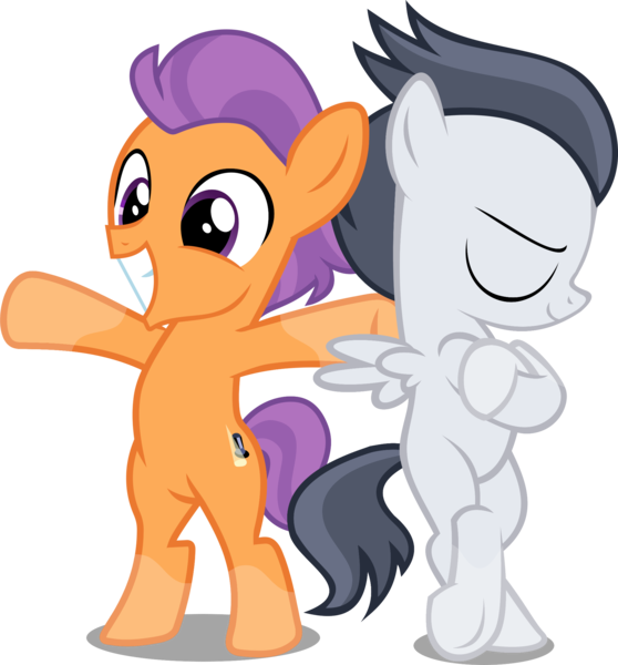 Size: 2025x2176 | Tagged: safe, artist:frownfactory, artist:red4567, derpibooru import, edit, editor:slayerbvc, vector edit, rumble, tender taps, earth pony, pegasus, pony, bipedal, colt, crossed hooves, crossed legs, forelegs crossed, grin, image, male, png, simple background, smiling, socks (coat marking), transparent background, underhoof, vector