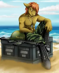 Size: 1200x1500 | Tagged: safe, artist:talki200, derpibooru import, oc, oc:copper jacket, anthro, unguligrade anthro, clothes, crate, fn fal, gun, helmet, image, jpeg, male, muscles, partial nudity, rifle, topless, unikranian, weapon