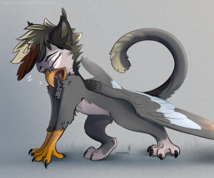 Size: 3000x2500 | Tagged: safe, artist:mithriss, derpibooru import, oc, unofficial characters only, gryphon, chest fluff, eyes closed, griffon oc, image, open mouth, png, solo, spread wings, wings, yawn