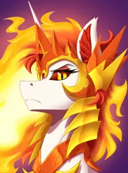 Size: 2000x2692 | Tagged: safe, artist:twotail813, derpibooru import, daybreaker, alicorn, equestria at war mod, armor, bust, eyeshadow, female, horn, horn guard (armor), image, looking at you, makeup, png, portrait, solo