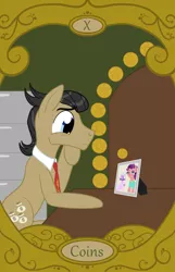 Size: 900x1400 | Tagged: safe, artist:sixes&sevens, derpibooru import, filthy rich, door, family photo, filing cabinet, image, necktie, picture frame, png, tarot card, ten of coins, ten of diamonds
