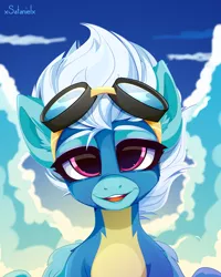 Size: 4000x5000 | Tagged: safe, artist:xsatanielx, derpibooru import, fleetfoot, pegasus, pony, clothes, cloud, cute, diafleetes, female, goggles, image, looking at you, mare, open mouth, png, rcf community, signature, sky, smiling, solo, teeth, uniform, wonderbolts uniform
