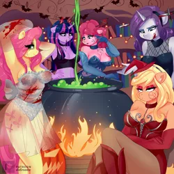 Size: 4000x4000 | Tagged: safe, artist:xjenn9, derpibooru import, applejack, cauldron bubbles, fluttershy, pinkie pie, rarity, twilight sparkle, anthro, earth pony, pegasus, unicorn, absurd resolution, breasts, busty applejack, busty fluttershy, busty pinkie pie, busty rarity, busty twilight sparkle, cauldron, choker, cleavage, clothes, costume, devil horns, evening gloves, fake blood, gloves, halloween, halloween costume, hat, head wings, headband, holiday, image, long gloves, makeup, png, pumpkin, see-through, sword, veil, weapon, wingless, wingless anthro, wings, witch hat