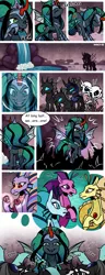 Size: 1500x3900 | Tagged: safe, artist:nancy-05, author:bigonionbean, derpibooru import, adagio dazzle, aria blaze, king sombra, sonata dusk, oc, oc:empress sacer malum, oc:melicus ostium, changeling, changeling queen, pony, siren, skeleton pony, undead, unicorn, comic:fusing the fusions, comic:time of the fusions, armor, bone, bowing, comic, commissioner:bigonionbean, confused, crying, curved horn, female, fusion, fusion:empress sacer malum, fusion:melicus ostium, horn, image, imprisoned, jewelry, laughing, magic, not an alicorn, png, queen umbra, reflection, regalia, rule 63, skeleton, tartarus, tears of laughter, thought bubble, water fountain