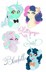 Size: 1024x1593 | Tagged: safe, artist:azure-art-wave, derpibooru import, bon bon, lyra heartstrings, sweetie drops, oc, oc:bluebell, oc:lollipop swirl, earth pony, pony, unicorn, bowtie, female, image, jpeg, lesbian, lyrabon, magical lesbian spawn, mare, offspring, parent:bon bon, parent:lyra heartstrings, parents:lyrabon, shipping, simple background, white background