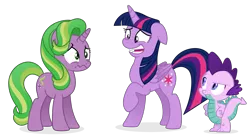 Size: 4555x2519 | Tagged: safe, artist:cirillaq, derpibooru import, spike, starlight glimmer, twilight sparkle, twilight sparkle (alicorn), alicorn, dragon, pony, unicorn, about to cry, floppy ears, image, nervous laugh, oops, palette swap, png, raised hoof, recolor, simple background, spell gone wrong, transparent background, vector, wavy mouth