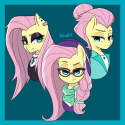 Size: 1700x1700 | Tagged: safe, artist:hrukii, derpibooru import, fluttershy, pegasus, pony, fake it 'til you make it, alternate hairstyle, bust, ear piercing, earring, fluttergoth, glasses, hipstershy, image, jewelry, jpeg, lidded eyes, piercing, severeshy, triality