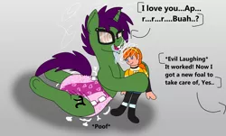 Size: 1280x771 | Tagged: suggestive, artist:lynnthenerdkitty, derpibooru import, ponified, pony, unicorn, april o'neil, crossover, diaper, diaper fetish, doll, donatello, drool, fetish, glasses, hypnosis, hypnosis fetish, image, mental regression, offscreen character, png, poofy diaper, swirly eyes, tmnt 2012, toy, underhoof