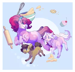 Size: 2200x2100 | Tagged: safe, artist:uunicornicc, derpibooru import, pinkie pie, oc, oc:cookie crumble, oc:love heart, pony, alternate design, batter, cookie, cupcake, female, filly, food, image, offspring, parent:cheese sandwich, parent:pinkie pie, parents:cheesepie, png, rolling pin