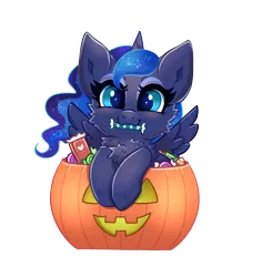 Size: 2510x2660 | Tagged: safe, artist:confetticakez, derpibooru import, princess luna, alicorn, pony, blushing, candy, chest fluff, chibi, cute, eyeshadow, female, food, halloween, holiday, image, looking at you, lunabetes, makeup, mare, mouth hold, png, pumpkin, pumpkin bucket, simple background, solo, transparent background