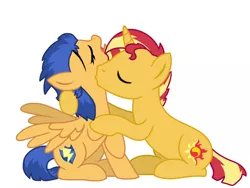 Size: 1024x768 | Tagged: safe, artist:mlp_sweet_adopts, derpibooru import, flash sentry, sunset shimmer, pegasus, pony, unicorn, alternate hairstyle, commission, eyes closed, female, flare warden, flareglare, flashimmer, gender swap potion, image, kissing, male, mare, neck kiss, open mouth, png, raised hoof, rule 63, shipping, simple background, sitting, stallion, straight, sunset glare, tongue out, white background, ych result